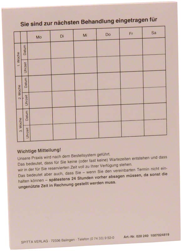 Terminzettel "Nächste Behandlung"